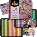 Castle Art Supplies 48 Pasteltint Coloured Pencils Set | Quality Colours in Softer, Sumptuous Tones | For Professional and Adult Artists | Protected and Organised in Presentation Tin Box