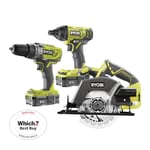 Ryobi R18PDID2CSP-220S 18V ONE+ Cordless Combi Drill, Impact Driver & Circular Saw Starter Kit (2 x 2.0Ah)