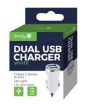 Simply ICDC02 Dual USB 1amp & 2.1amp Car Charger with LED Light Indicators for Apple Android and Other USB Devices, White