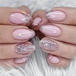 24 st Almond Press on Nails Short, French Tip Fake Nails Glossy Pink Glitter False Nails med lim klistermärken, Oval Full Cover