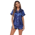 Siden Satin Pyjamas Set Kvinnors Kortärmad Sovkläder Shorts Set blue xxl