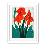 Wee Blue Coo Modern Abstract Crimson Red Bloom Wild Flowers Teal Leaves On White Artwork Framed Wall Art Print 18X24 Inch