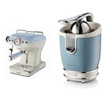 Ariete 1389 Expresso Vintage, Bleu Pastel & 413 Presse-agrumes vintage électrique avec levier, 2 cônes pour fruits grands et petits, bec anti-goutte, moteur silencieux, bleu ciel