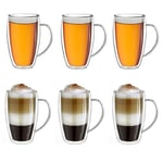 Creano Double Walled Coffee Glasses with Handle 400ml - Insulated Latte Macchiato Cups - Cappuccino, Tea - Handmade Heat Resistant XXL Mugs - 6 pcs (Pack of 1)