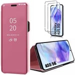 Fodral för Samsung Galaxy A55 5G + 2 härdade glasögon, Flip Cover Clear View Mirror Effect, Stötsäker hård PC Rosa Rosa