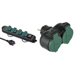 Electraline Bloc Multiprises Étanche Professionnel avec Enrouleur, 4 Prises 16A, Câble en Caoutchouc 1.8M, Noir/Vert & Adaptateur Biplite d'extérieur résistant à l'eau IP44, fiche, multiprise 2 Prises