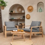 Salon de jardin en acacia 2 places GILI - coussins gris - Happy Garden