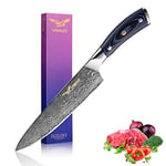 VINNAR Damascus Kitchen Knife 8 Inch, Japanese VG-10 Super Stainless Steel Professional High Carbon Super Sharp Kitchen Cooking Knife, Ergonomic Blue G10 Handle