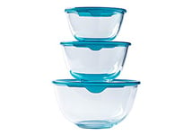 Pyrex - Set of 3 resistant glass mixing/salad bowls with lids - 0.5L - 1L - 2L - Made in France