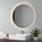 Emke - Miroir lumineux salle de bain rond diamètre 70cm Cadre Doré, Miroir led avec Interrupteur Tactile, Anti-buée, Horloge et Temperature, Lumière