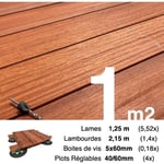 Kit complet terrasse bois exotique padouk pour 1 m² • Lames 1,25 m, lambourdes 2,15 m, plots réglables et visserie Inox