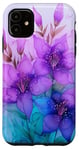 Coque pour iPhone 11 Fleurs de Lys Lavande Violet et Bleu Turquoise Dégradé