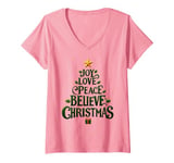 Womens Cute Green JOY LOVE PEACE BELIEVE CHRISTMAS Tree Girls Pink V-Neck T-Shirt