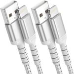 Lot De 2 Câbles De Charge Pour Iphone-2 M-En Nylon Tressé-Usb A Vers Lightning-Charge Rapide-Pour Apple Iphone 14 13 12 11 Pro Max Xs Xr X 8 7 6 Plus Se-Argenté