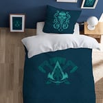 Assassin's Creed Valhalla Parure de Lit Enfant 140x200 cm | 100% Coton | Oeko-TEX | Housse de Couette Enfant 1 Personne 140x200 cm + 1 Taie d'oreiller 63x63 cm Imprimées Réversibles | Bleu