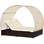 Lit de jardin modulable bain de soleil 2 places grand confort pare-soleil amovible matelas tétière crème résine tressée 4 fils