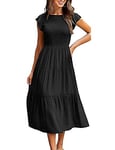 Yuson Girl Robe Longue Femme Ete Robe de Plage Boheme Casual Robe Maxi de Cocktail élégante Robe à Col Rond et à Manches Volantées élastique Taille Haute (Noir, M)