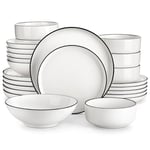 MALACASA 24 Piece Porcelain White Dinner Set with Black Rim, Chip Resistant Plates and Bowls Set, Modern Dinnerware Sets with Dinner Plate/Dessert Plate/Soup Plate/Bowl, Series Luna