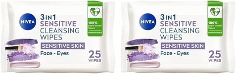 NIVEA 3in1 Sensitive Cleansing Wipes, Plant-Based Makeup Remover Wipe Pack Of 2