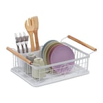 Relaxdays Dish Drainer, with Cutlery, Drying Rack for Plates, Bowls, 18 x 48.5 x 31.5 cm, Crockery Holder, White