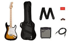 Squier by Fender Sonic Stratocaster Electric Guitar Pack, Maple Fingerboard in 2 Colour Sunburst, Gig Bag, Squier Frontman 10W Guitar Amp, Picks, Strap, Cable, Comes with Free Virtual Lessons