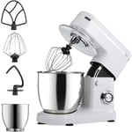 Robot Pâtissier Professionnel 1200W 6 l Robot de Cuisine Multifonction avec Fouet, Batteur, Crochet, Bol d'Acier Inoxydable, 8 Vitesses blanc