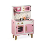 Janod - Grande Cuisine Enfant en Bois Candy Chic - Équipée avec Frigo et Four Micro Ondes, Bruitage et Lumière - Imitation et Eveil - 6 Accessoires Inclus - Dès 3 ans, J06554, Rose et Blanc