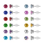 Lot de 12 paires de boucles d'oreilles à tige en acier inoxydable avec oxyde de zirconium rond brillant et pierre de naissance avec fermoirs en silicone transparent doux 3 mm, 4 mm, 5 mm, 6 mm