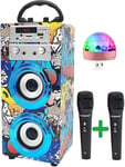 Machine à Karaoké Portable DYNASONIC avec 2 Micros, Haut-Parleur Bluetooth, Lecteur USB/SD, Lumières, Cadeau pour Enfants (Modele 16 lumière)