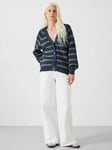 HUSH Rae Striped Button Through Cotton Cardigan, Navy/Green