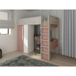 Vente-unique Lit mezzanine 90 x 200 cm avec armoire et bureau - Rose et blanc - NICOLAS