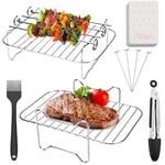 Air Fryer Rack 9PCS Set Compatible with Ninja Dual AF300Uk, other 7-7.6L Rectangular Airfryer, Accessories include 2 Grills, 4 Skewers, 1 Brush, 1 Tong and 100pcs Papers