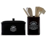 Black Ceramic Vintage Bread Bin And Utensil Holder With Wooden Utensils Included