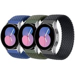 3 Pièces Tressé Solo Loop pour Samsung Galaxy Watch 6/6 Classic/5/5 Pro/4/4/Active 2/Active/3/Gear S2/Gear,20mm Bracelet Sport Nylon Élasticité pour Hommes Femmes，Bleu Foncé/Vert Olive/Noir，XS