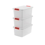 Keter Set of 3 Plastic Storage Boxes with Lids K-Latch L, Transparent, with Handles, Ideal for Clothes and Storage Suitable for Cabinets and Garages, 43 L, 59 x 39 x 28H cm