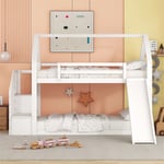Lit superposé avec escalier de rangement et toboggan, lit de maison, lit d'enfant avec rampe, adapté aux enfants, adolescents, 90x200cm, blanc