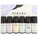 Nikura Essential Oil Starter Gift Set - 6 x 10ml | Oils for Diffusers for Home, Skin, Aromatherapy, Candle & Soap Making | Eucalyptus, Lavender, Lemon, Peppermint, Rosemary & Tea Tree | 100% Pure