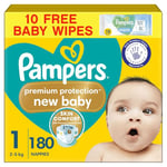 Pampers Premium Protection New Baby Size 1, 180 Nappies, 2kg-5kg, Monthly Pack + Pampers Harmonie Aqua Baby Wipes 10 Count, Packaging May Vary