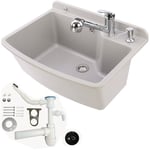 Lavabo plastique gris  61,5 cm avec siphonne tirette et vidange, mousseur robinet avec douchette extractible, distribuer de savon