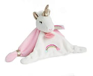 Doudou et Compagnie - Doudou Plat Licorne - Doudou Plat Carré - 20 cm - Rose/Blanc/Doré - Lucie la Licorne - Idée Cadeau Naissance Bébé Fille - Boite Cadeau - Garantie Doudou Perdu - DC3312