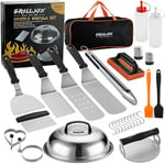 grilljoy Set Spatule Plancha, 28 Professionnel Ustensiles Plancha INOX avec Smash Burger Press, Pince à Barbecue, Cloche Cuisson, Set Accessoires Plancha pour Barbecue à Gaz avec Plancha, Teppanyaki