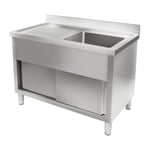 Meuble sous évier Plonge Inox Hauteur réglable Rebord arrière 10cm 2 Portes Pieds ajustables 65x120x95cm Royal Catering RCHS-1200WS