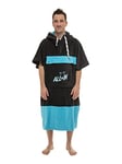 ALL-IN - Poncho Coupe en V pour Homme - Surf, Bain et Plage - Tissu Eponge Velours 380g/m² 100% Coton - Capuche et 2 Poches - Taille Unique - Noir/Turquoise