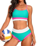 CharmLeaks Women High Waisted Bikini Sets Sporty Color Block Two Piece Swimsuit Bathing Suits Swimwear Aqua L