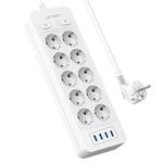 JSVER Multiprise 10 Prises avec 4 Ports USB Chargeur (5V3,1A/15,5W) Bloc Multiprises 16A avec Interrupteur Multiprises USB avec Cable 2m pour Smartphone, Maison, Bureau-Blanc