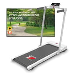 YM Tapis de Course Electrique Pliable, 10 km/h, Surface Extra Large (42 cm), Application KINOMAP & ZWIFT, Mod. NEXT 1000 Blanc, Cadre Renforcé, Economiseur d'Espace, 12 Programmes, Ecran LCD