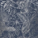 Holden Decor Sumatran Navy Silver Wallpaper 65760 - Metallic Tropical Palm Tiger