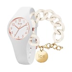 ICE-WATCH - Ice Glam White Rose-Gold Numbers - Montre Blanche pour Femme avec Bracelet en Silicone - 015343 (Extra Small)+ Chain Bracelet Bracelet Mailles XL de Couleur Blanc cassé (020353)