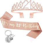 Popuppe 3pcs 21st Birthday Sash and Crown Tiara Keychain for Girls Gold 21st fo