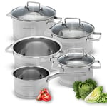 Classbach C-KTS 4017 Stainless Steel Kitchen Battery, a Sauce pan, 1.5 l and 3 l Meat, Two 5 l Vegetable, Three Glass Cover, Superior Quality Steel, C-KTS4017, INOX, 8 Piece Pot Set